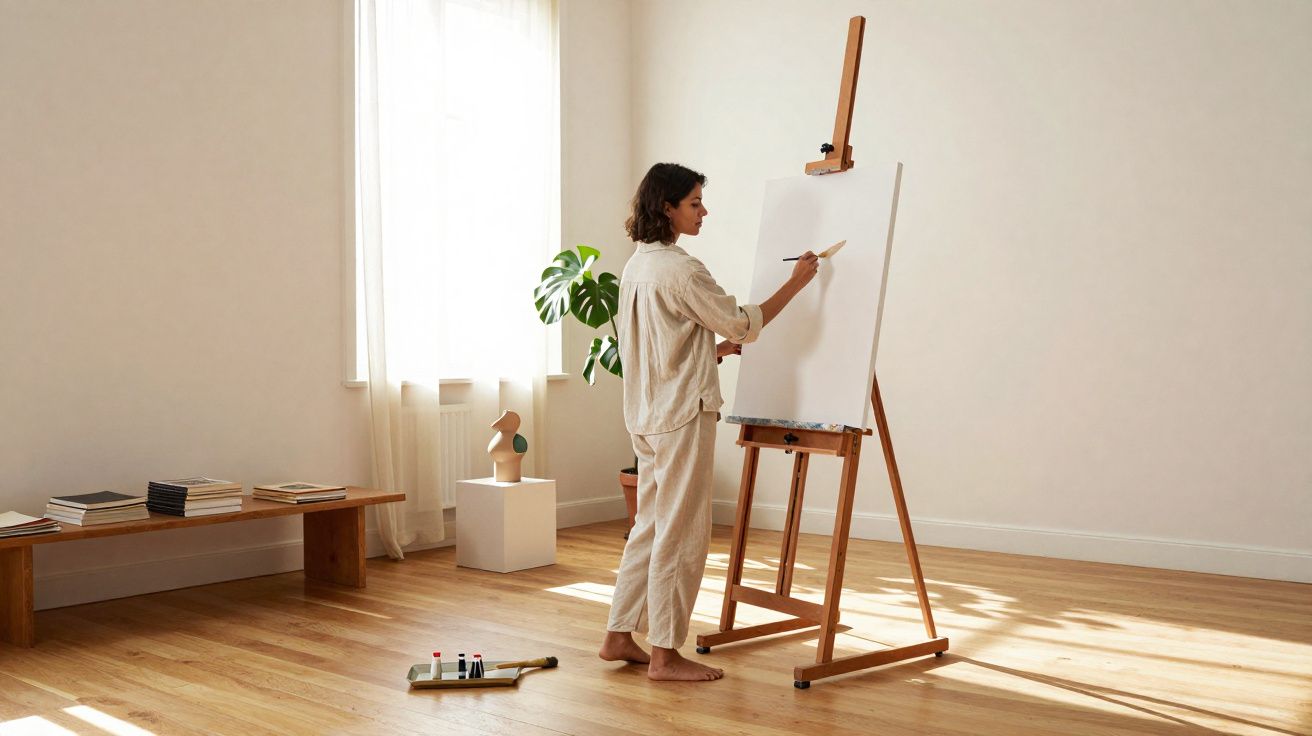Mulher pintando em cavalete dentro de sala ampla e iluminada com piso de madeira clara.