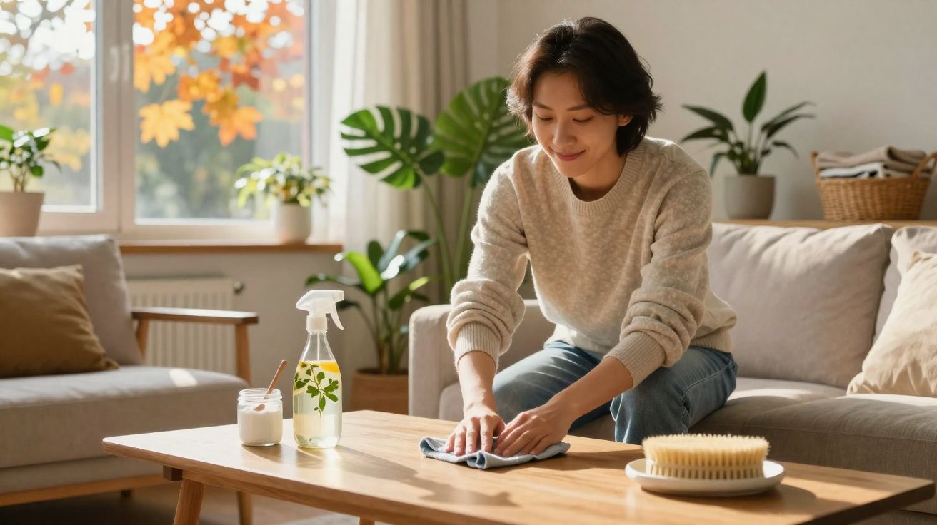 Mulher sorrindo limpando mesa de madeira em sala iluminada com plantas e sofá ao fundo.