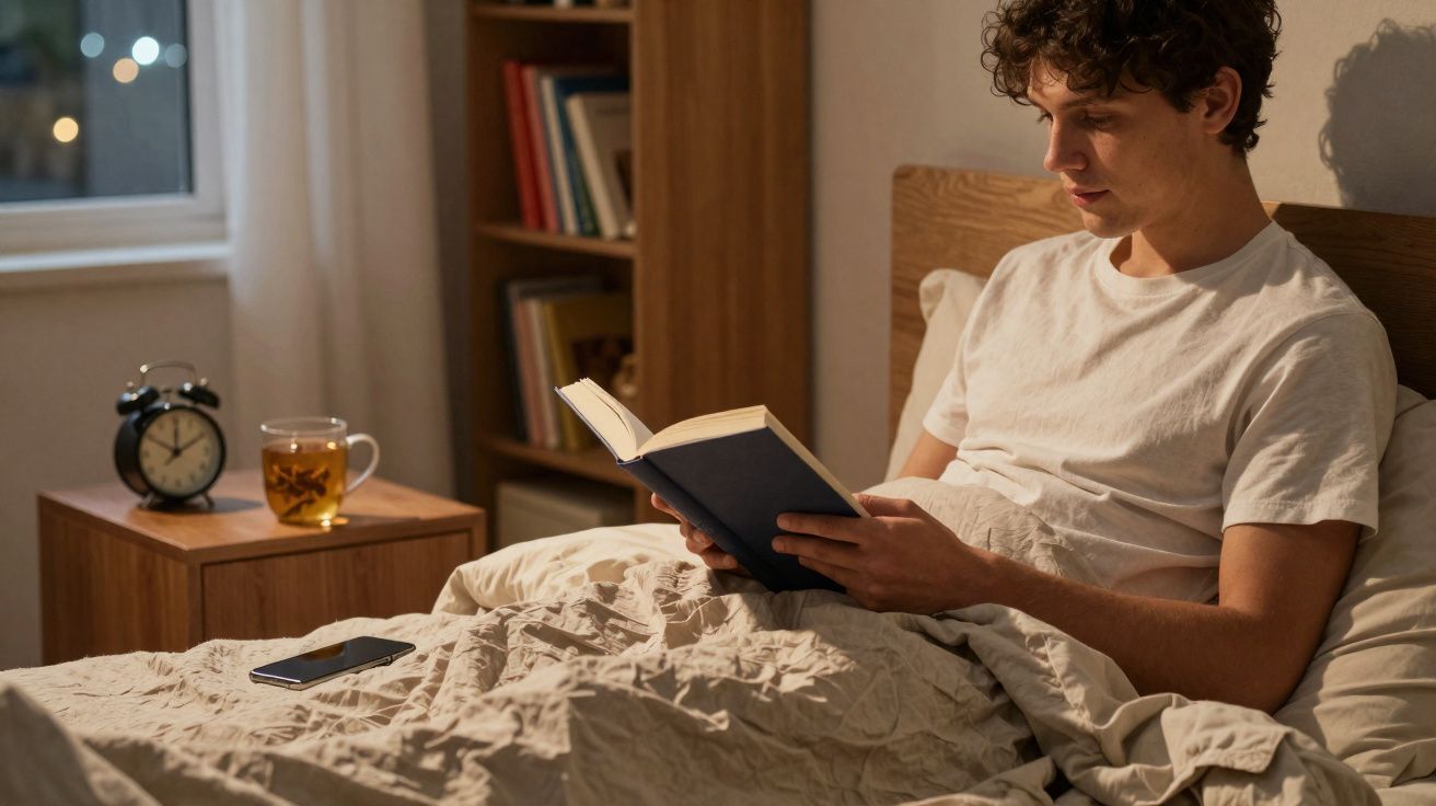 Jovem sentado na cama lendo livro, ao lado mesa com relógio e xícara de chá em quarto aconchegante.