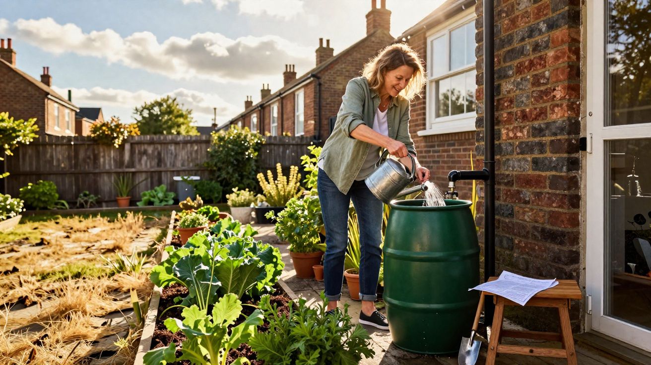 Mulher regando plantas em jardim residencial ao ar livre em dia ensolarado.