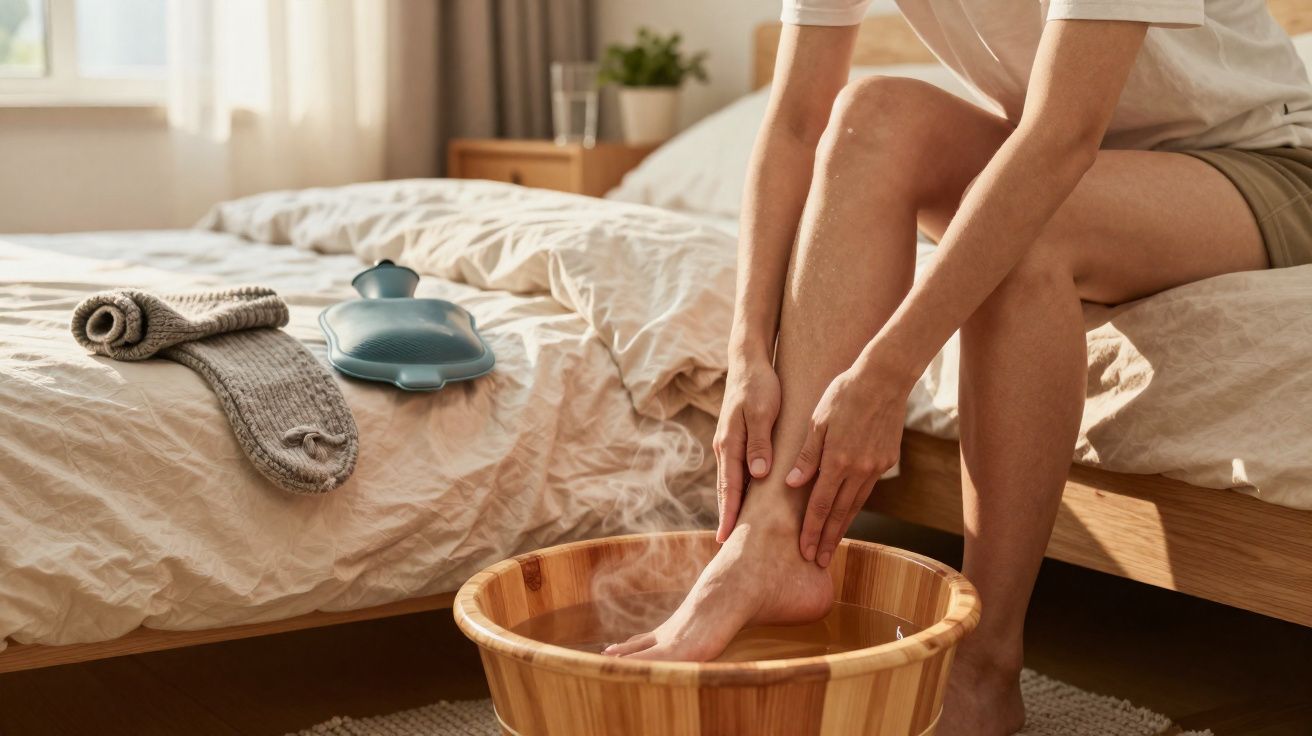 Pessoa sentada na beira da cama com pés em bacia de madeira com água quente e vapor para relaxamento.
