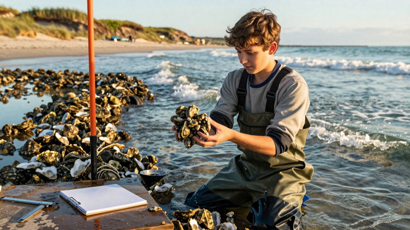 Adolescente com macacão de borracha colhendo ostras no mar com prancheta sobre mesa de metal na areia.