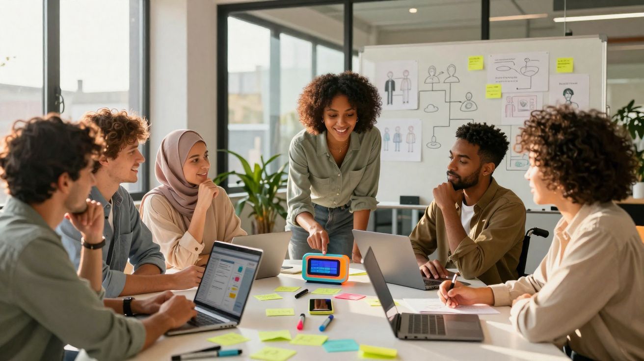 Grupo de pessoas diversas em reunião colaborativa em escritório moderno com laptops e post-its na mesa.