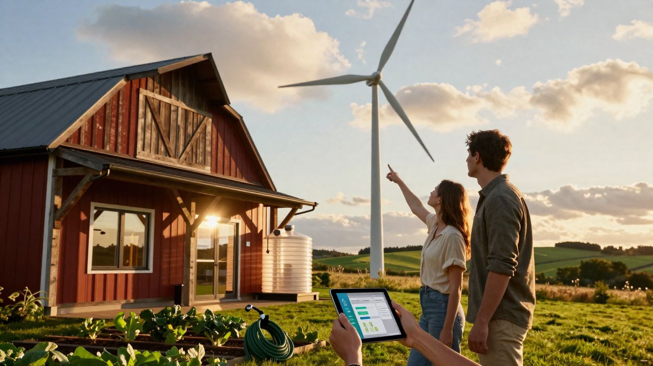 Casal observando turbina eólica próxima a celeiro em fazenda ao entardecer, com tablet na mão.