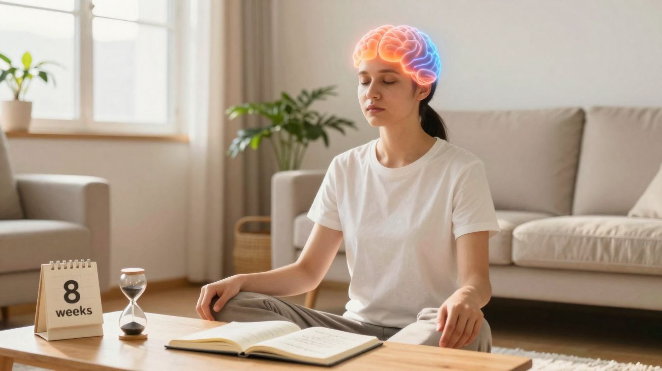 Mulher meditando com cérebro iluminado em sala, livro aberto e calendário marcando 8 semanas.