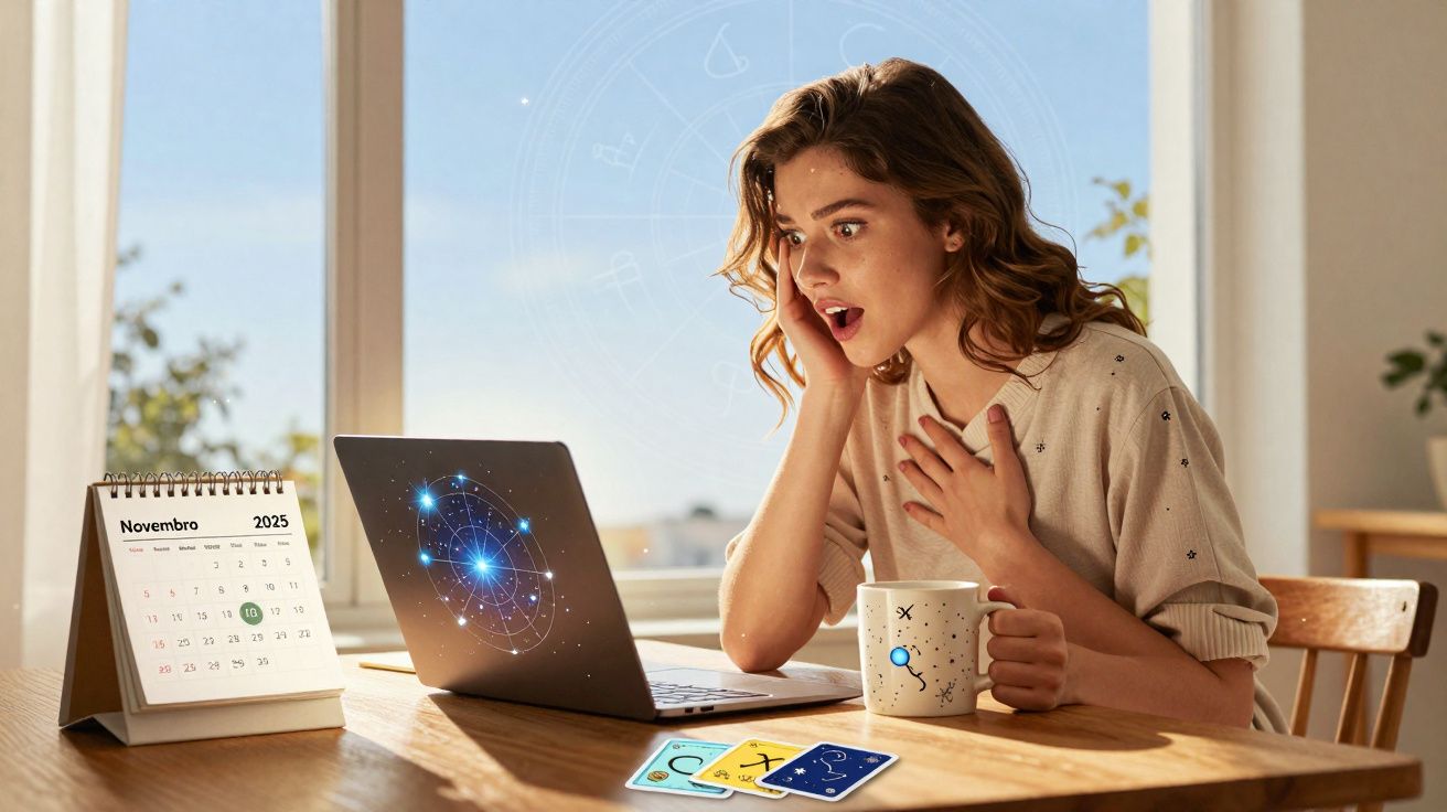 Mulher surpresa vendo mapa astral no laptop com calendário de novembro e cartas de tarô na mesa.