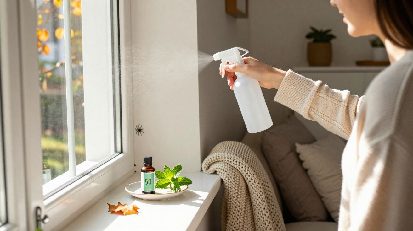 Pessoa borrifando inseticida em uma janela para afastar aranha preta dentro de casa.