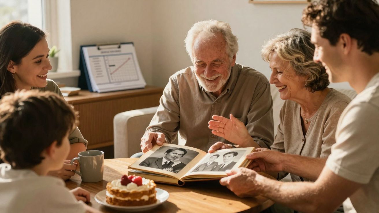 Família reunida sorrindo e olhando fotos antigas em álbum na mesa com bolo e xícaras.