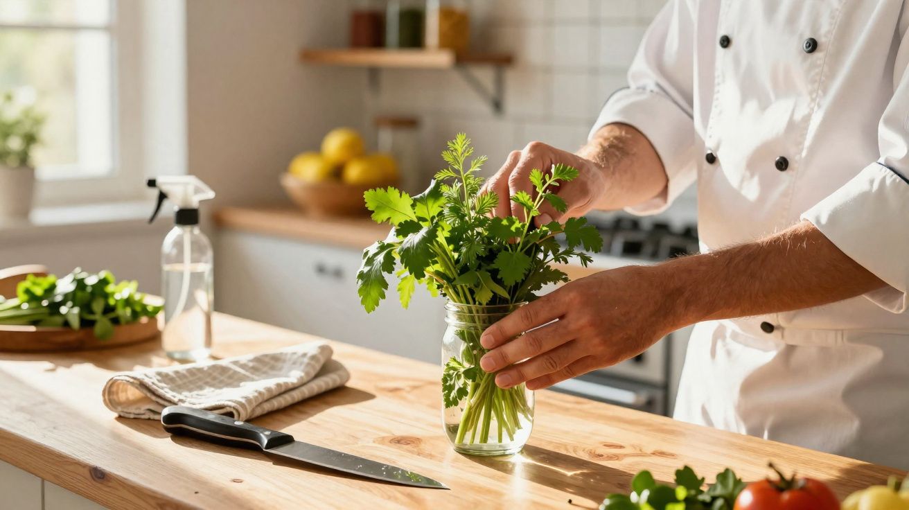 Pessoa com jaleco de chef organizando um ramo de ervas frescas em um pote de vidro na cozinha.