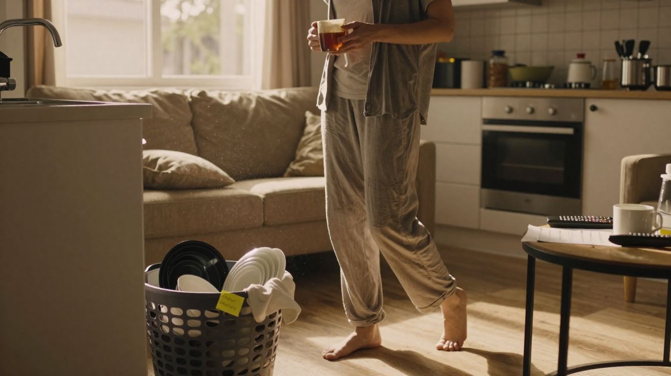 Pessoa descalça segurando xícara em sala com sofá, cesta de louça e cozinha ao fundo iluminada pela luz natural.