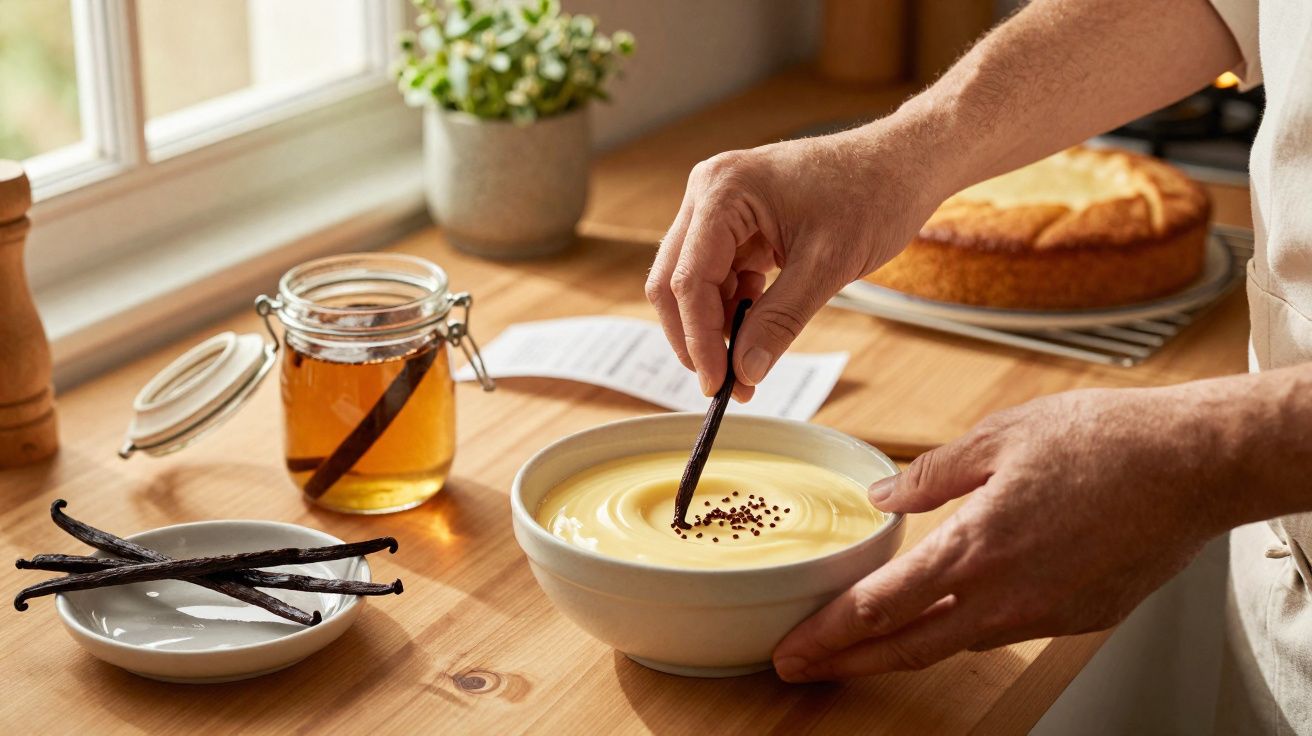 Pessoa preparando creme de baunilha com fava e potes de ingredientes sobre bancada de madeira.