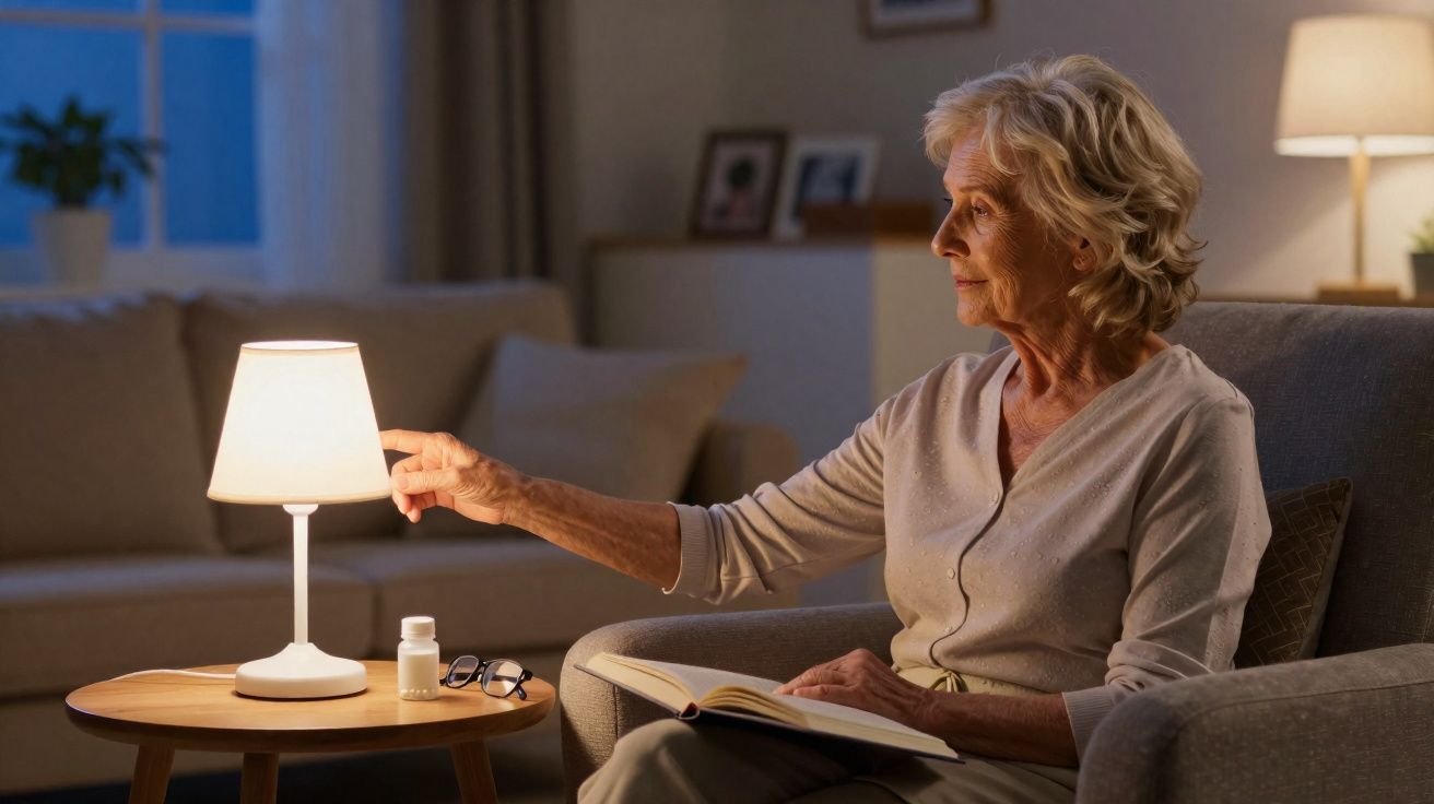 Mulher idosa sentada no sofá lendo livro e apagando a luz de uma luminária em mesa ao lado.