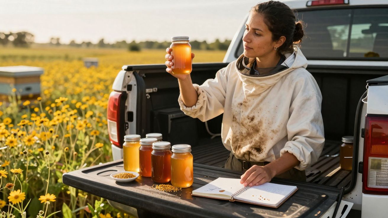 Mulher em campo de flores segurando pote de mel, com varios potes e cadernos na carroceria de caminhonete.