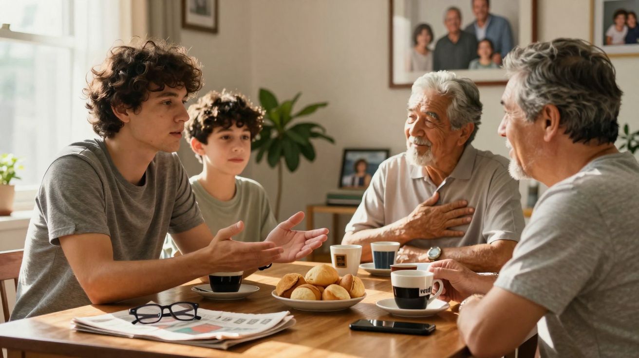 Quatro gerações de homens conversando e tomando café ao redor da mesa da cozinha iluminada.