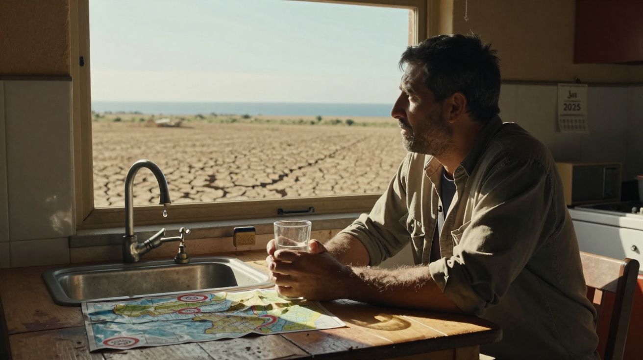 Homem segurando copo de água em cozinha olhando por janela para terra seca e rachada ao longe.