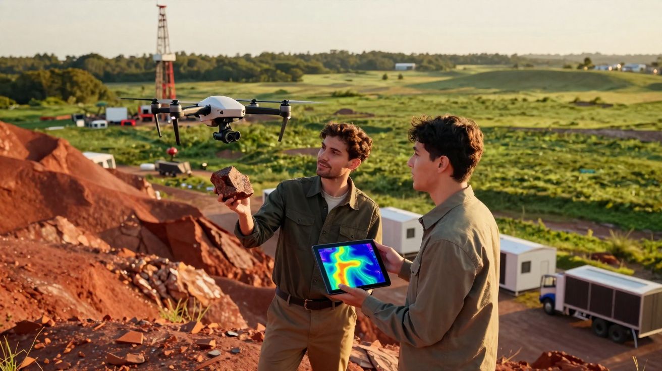 Dois homens em campo com drone, um segura rocha e outro tablet com mapa térmico para análise.