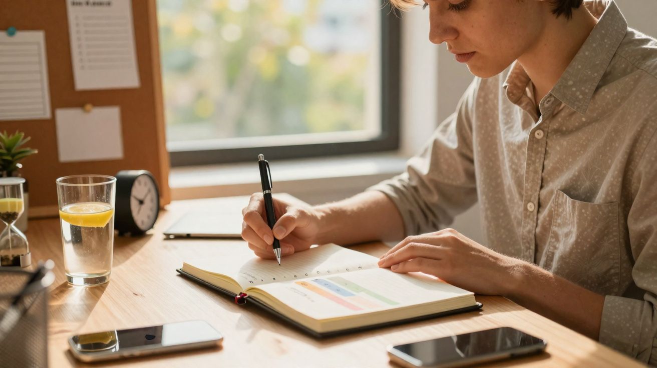 Pessoa escrevendo em agenda colorida em mesa de madeira com celular, copo com água e relógio analógico.