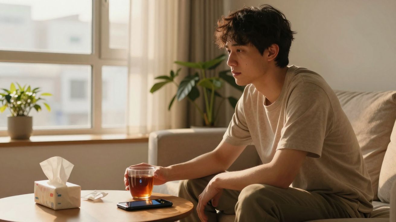 Homem jovem sentado no sofá, segurando copo de chá, olhando pensativo para frente em sala iluminada.