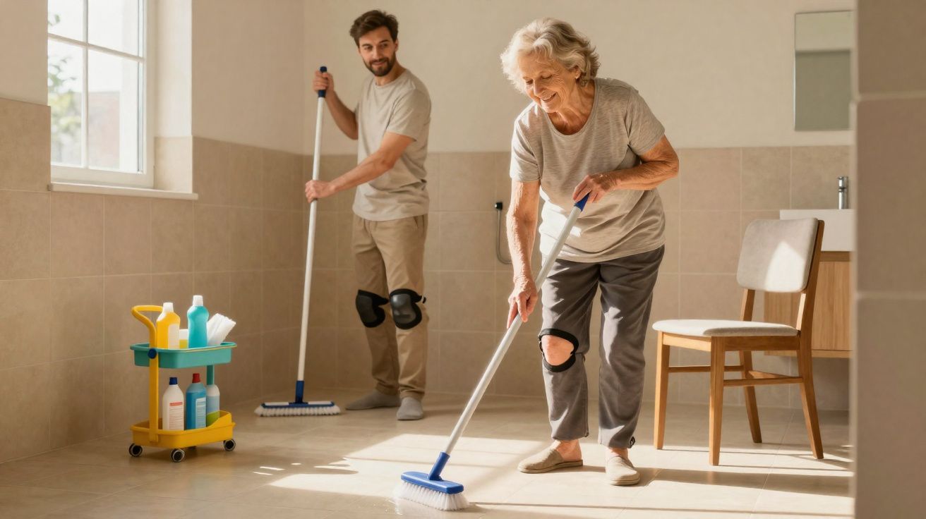 Mulher idosa e homem jovem varrendo o chão de um cômodo iluminado e arejado.