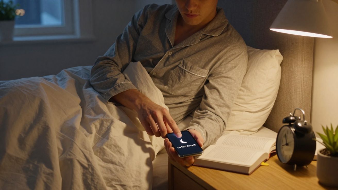 Pessoa na cama desligando alarme de celular ao lado de livro, relógio e planta em criado-mudo iluminado.