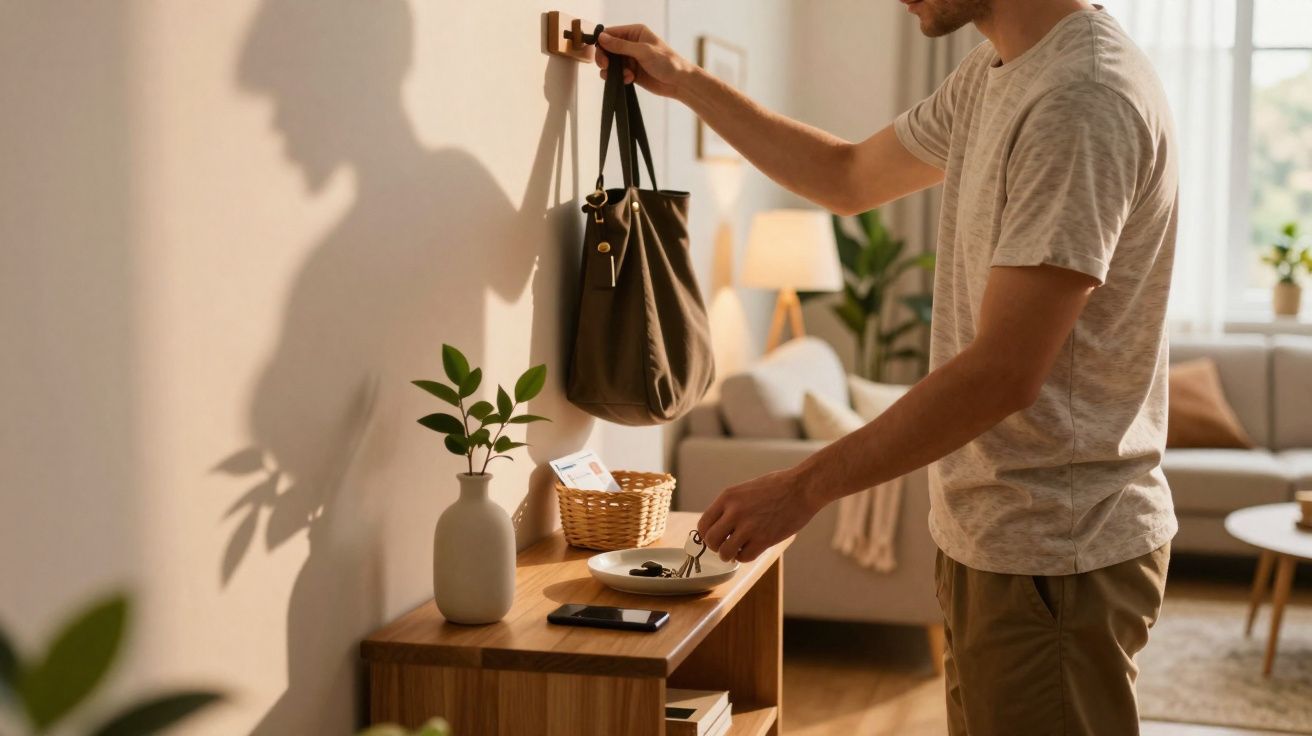 Homem pendura bolsa em gancho na parede enquanto guarda chaves e celular em móvel da sala iluminada.