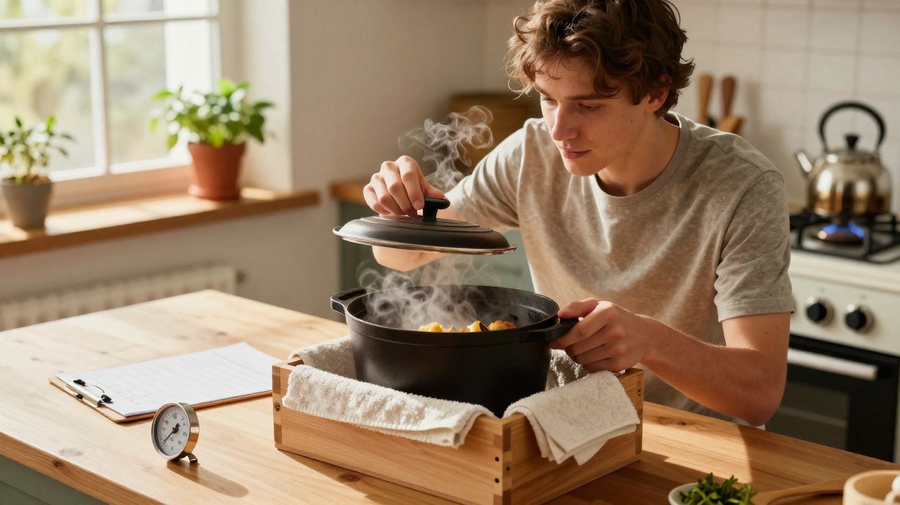 Jovem abrindo tampa de panela quente com vapor em cozinha iluminada e bancada de madeira.
