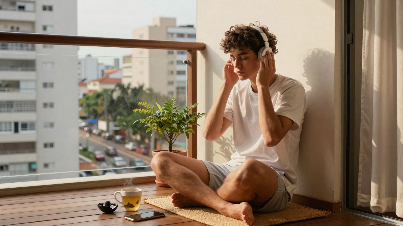 Jovem sentado em varanda ouvindo música com fones, ao lado de planta, celular e xícara sobre deck de madeira.