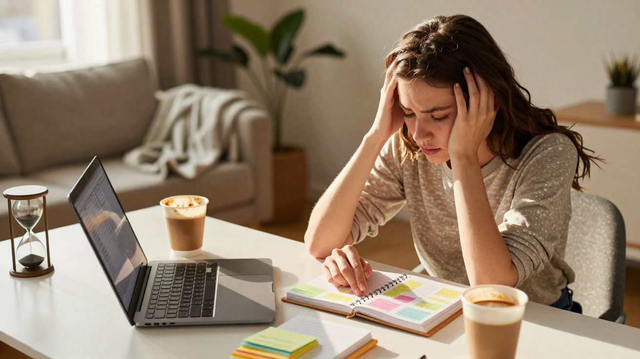 Mulher com expressão preocupada olhando anotações coloridas, sentada em mesa com laptop e cafés.