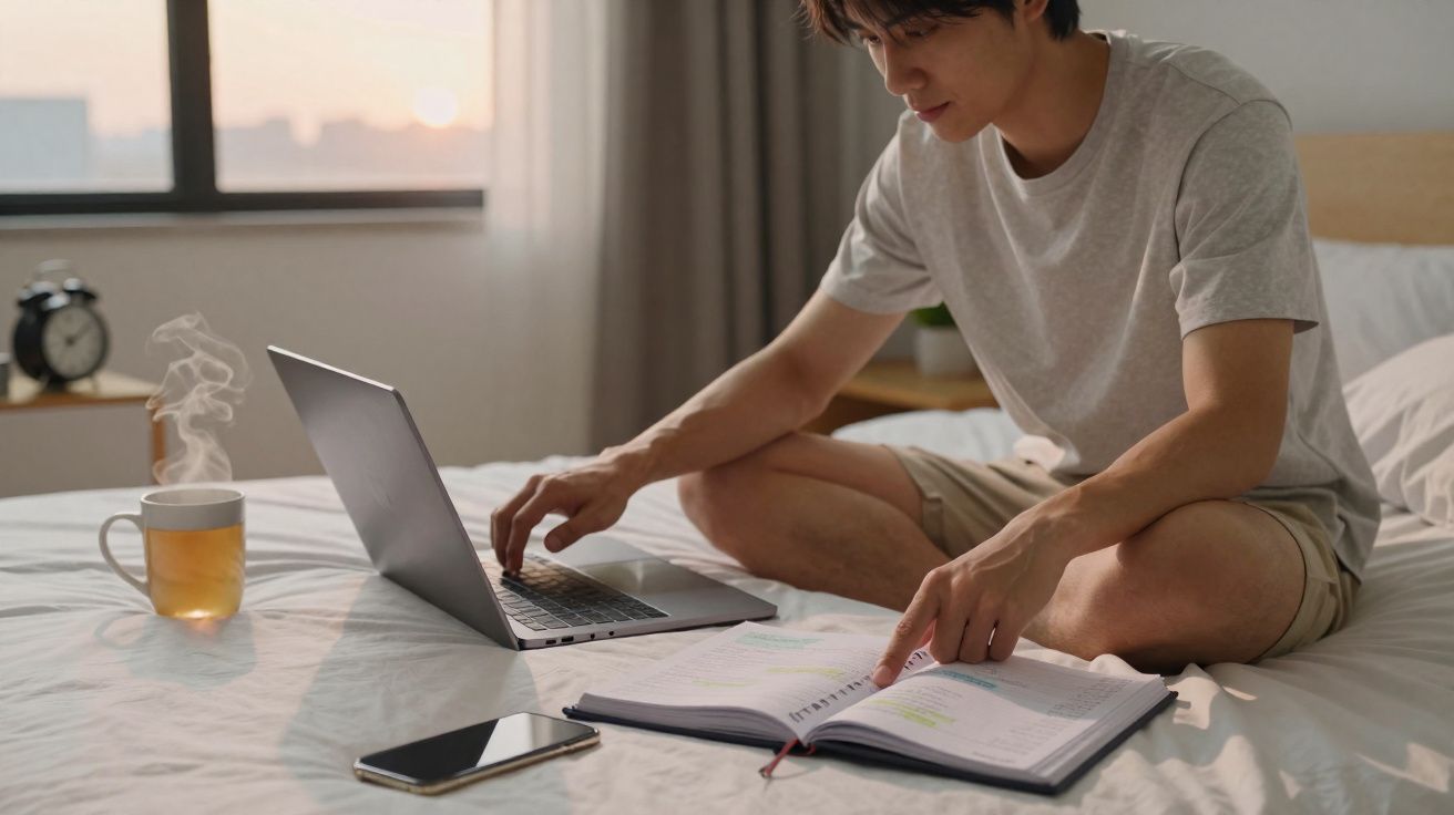 Homem sentado na cama usando laptop e consultando agenda com xícara de chá quente ao lado.