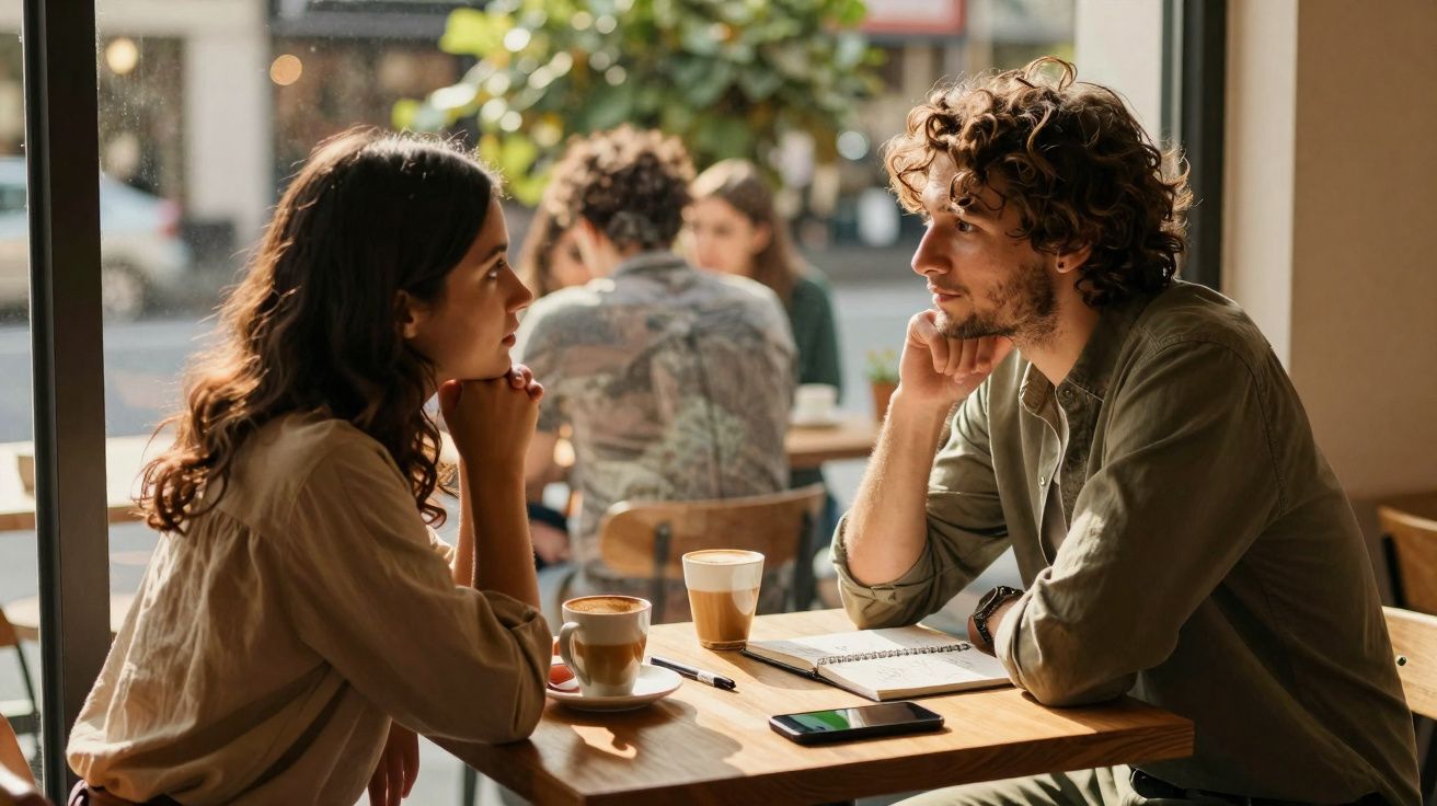 Casal conversando em café com bebidas sobre a mesa, ambiente iluminado por luz natural e outras pessoas ao fundo.