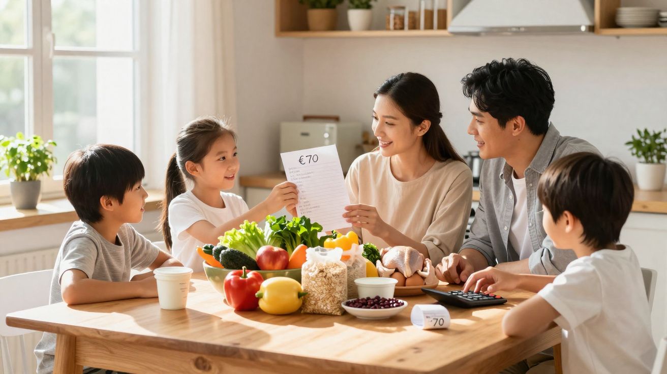 Família asiática reunida à mesa com alimentos e calculando despesas domésticas sorrindo.