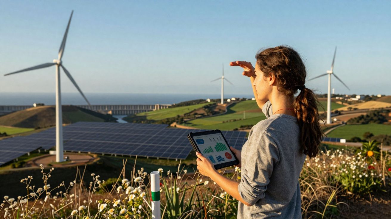Mulher com tablet observa fazenda com painéis solares e turbinas eólicas ao pôr do sol.