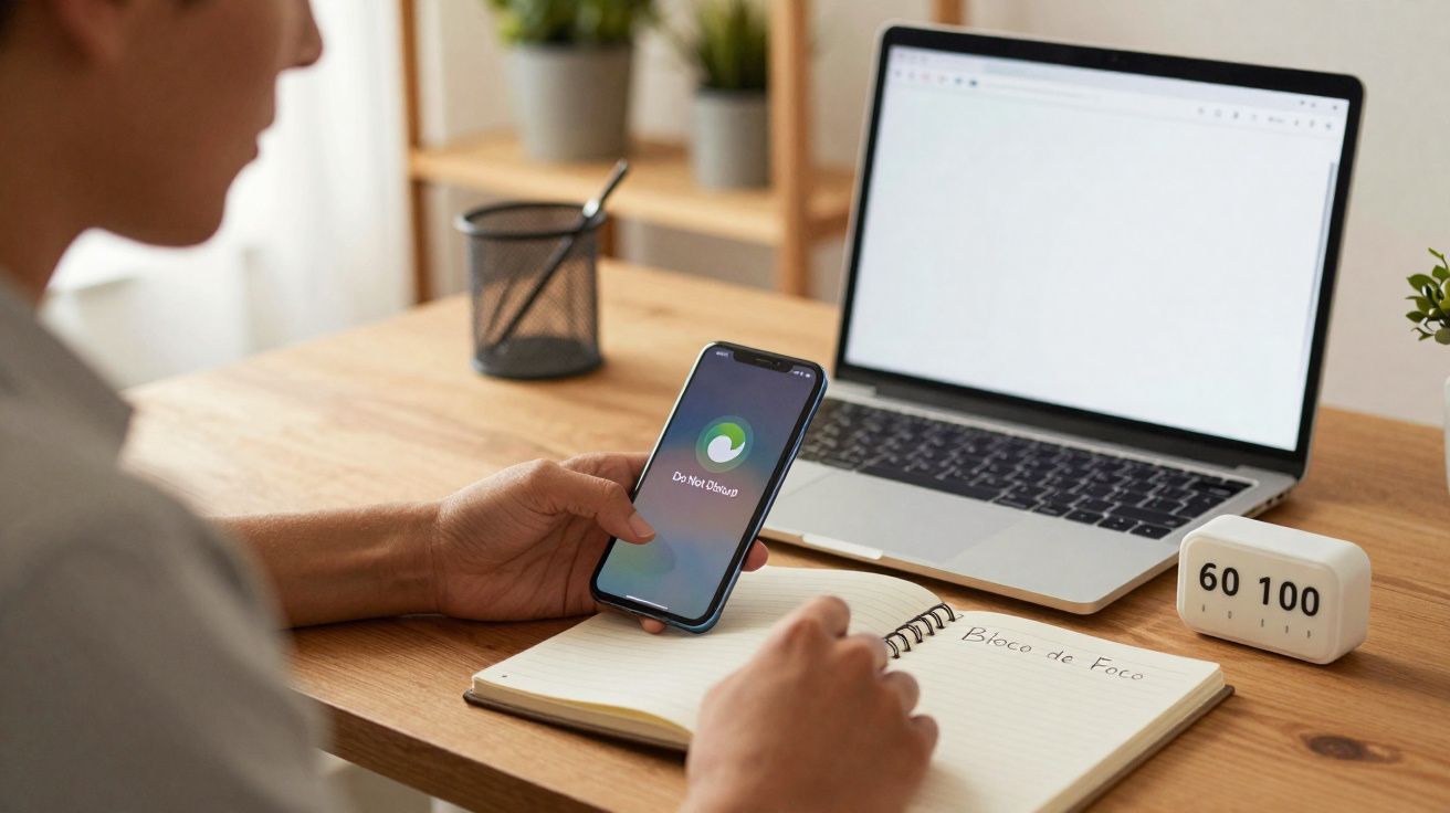 Pessoa segurando celular com comando "Não Perturbe" ativado, com laptop, caderno e temporizador numa mesa.