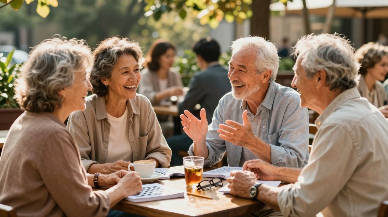 Grupo de idosos sorrindo e conversando em mesa ao ar livre, com bebidas e livros.