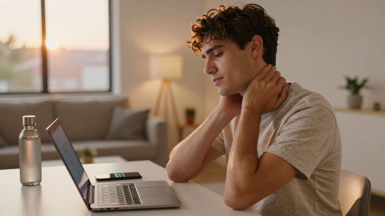 Homem jovem sentado em frente a notebook com as mãos no pescoço, demonstrando tensão ou dor.