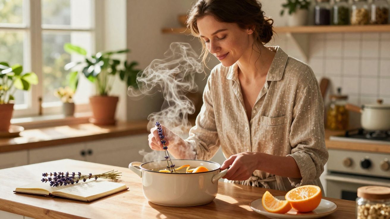 Mulher preparando infusão com flores de lavanda e frutas em cozinha iluminada pelo sol.