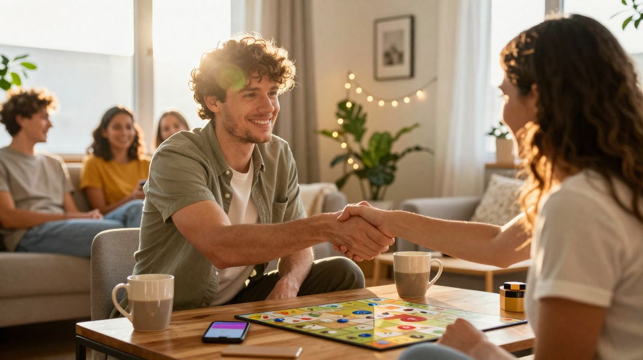 Jovens sorrindo e apertando as mãos enquanto jogam um jogo de tabuleiro em sala aconchegante.