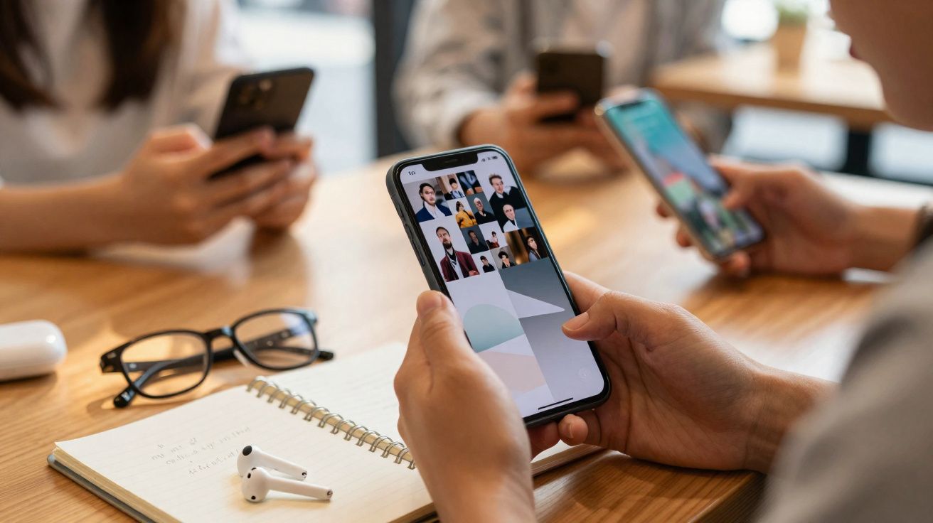 Pessoa segurando celular com chamada em vídeo, com mesa, óculos, caderno e fone de ouvido ao fundo.