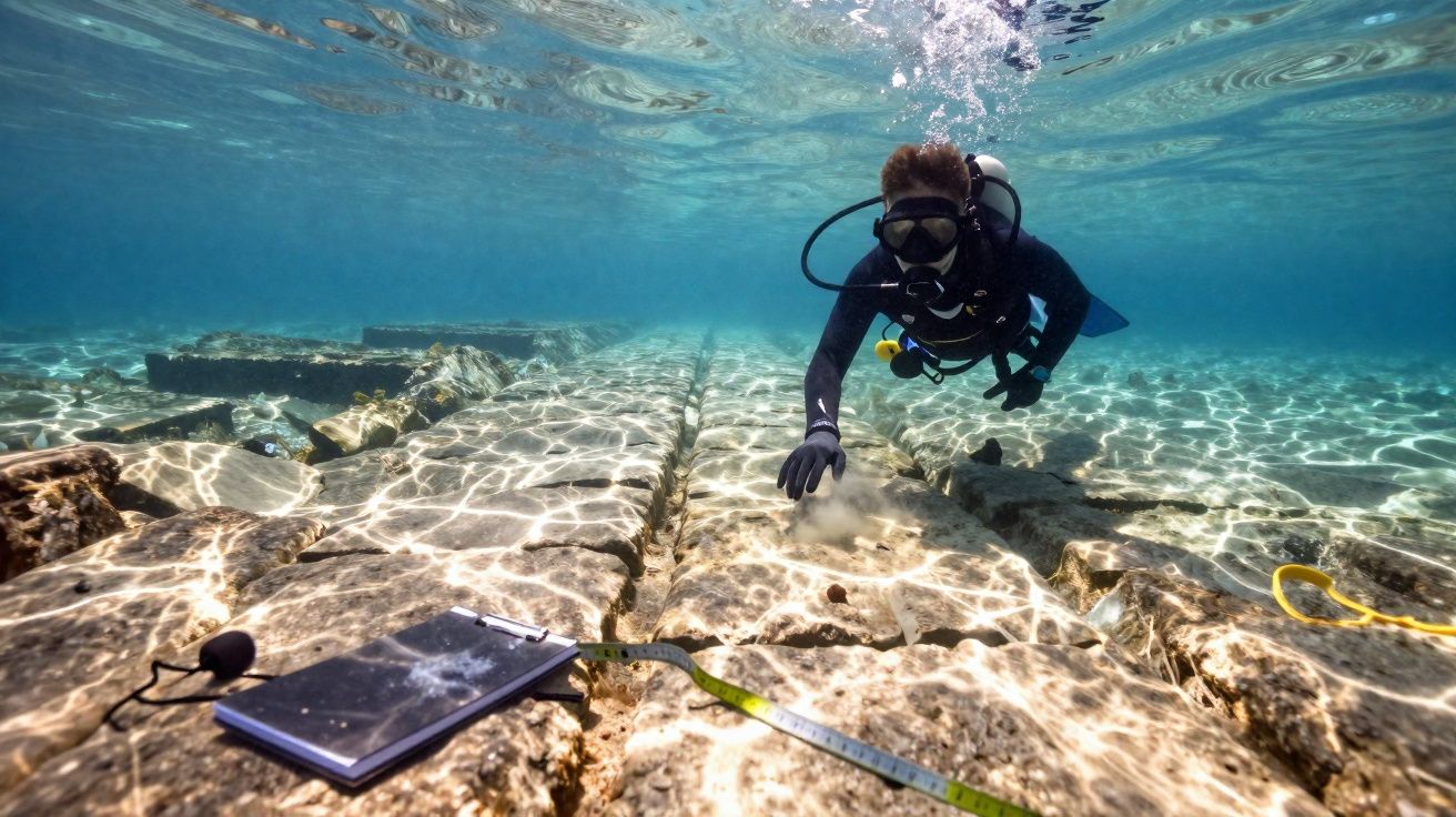 Mergulhador explorando ruínas subaquáticas com equipamentos de medição e prancheta sobre pedras.