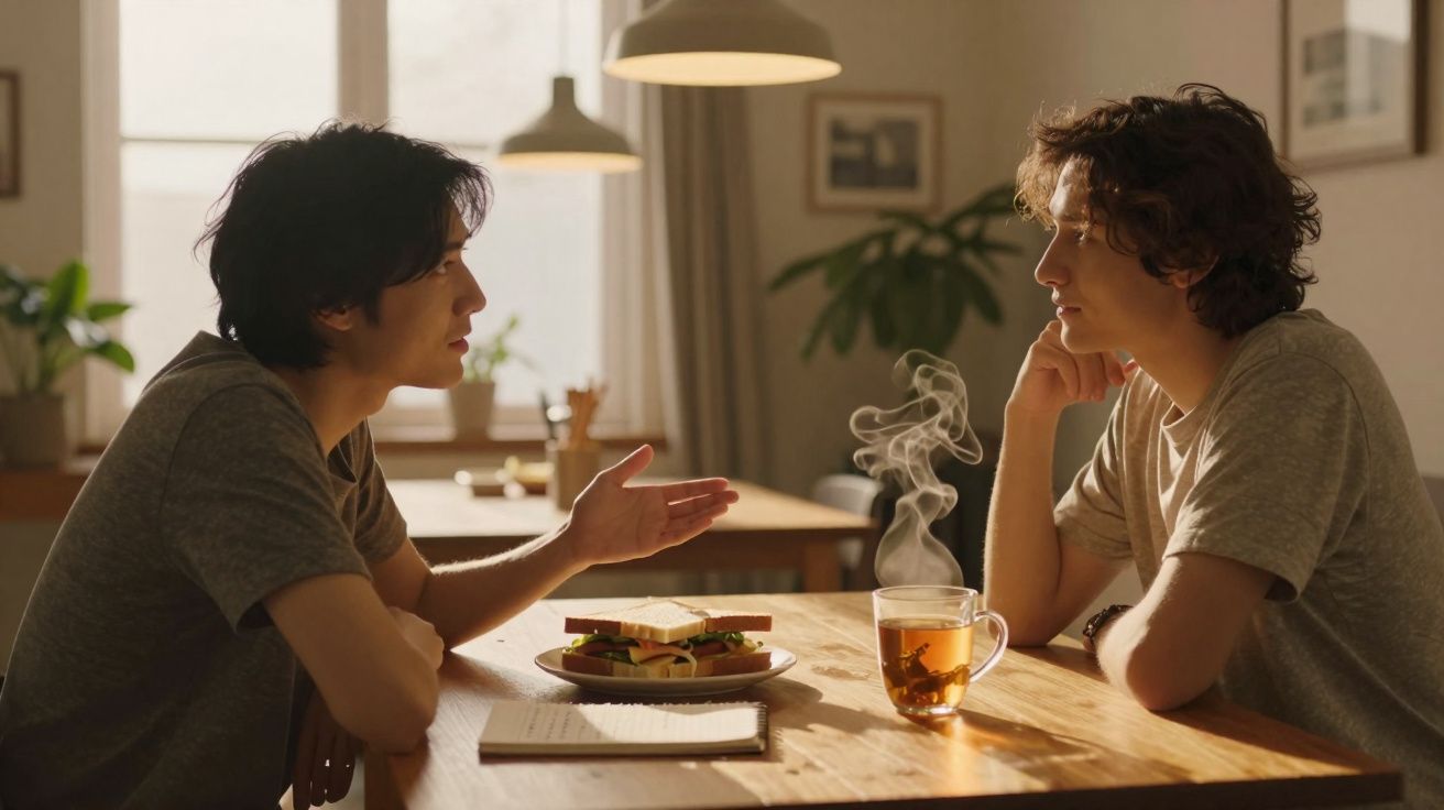 Duas pessoas sentadas à mesa conversando, com sanduíche e chá quente entre elas em ambiente iluminado.