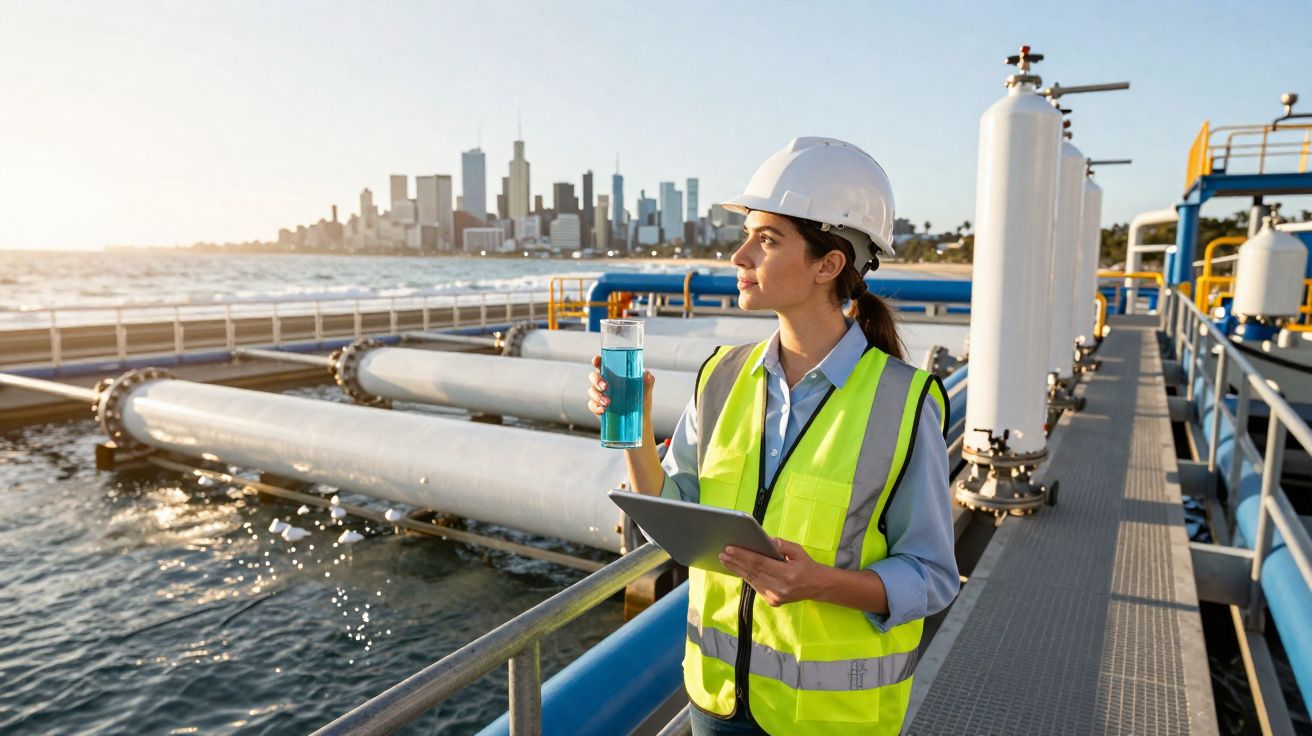Engenheira de segurança com colete e capacete observa qualidade da água em estação de tratamento urbana.