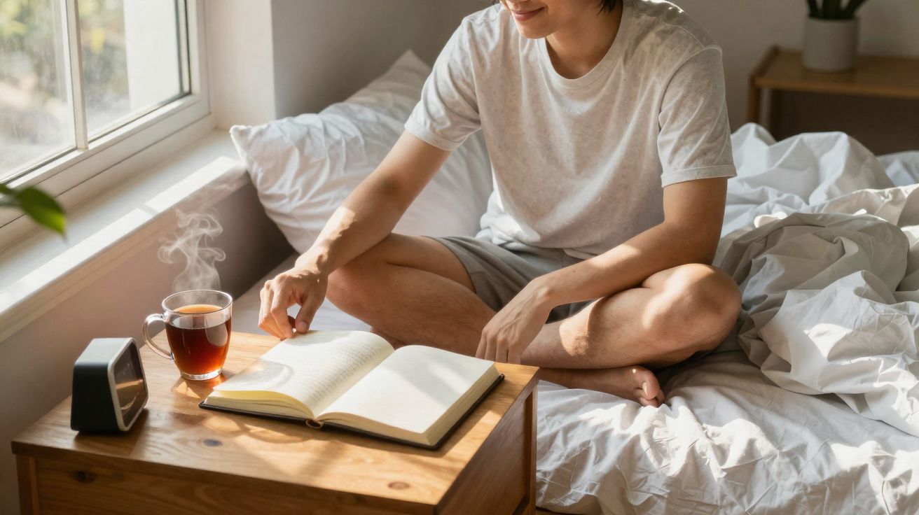Pessoa sentada na cama lendo um livro ao lado de uma xícara de chá quente e um relógio digital.