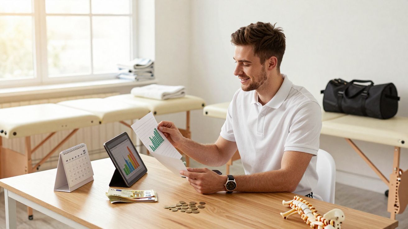 Homem sorridente analisa gráficos de crescimento em papel e tablet sentado em mesa clara em consultório.