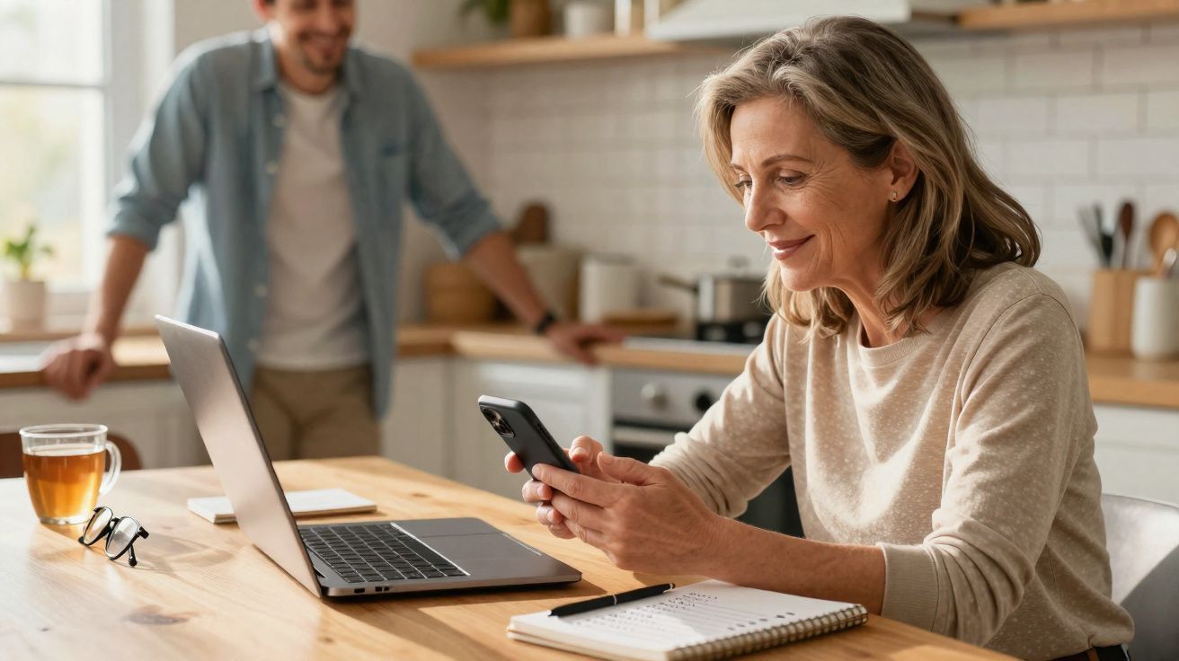Mulher sorrindo usa celular sentada à mesa com laptop, caderno e copo, enquanto homem observa ao fundo na cozinha.