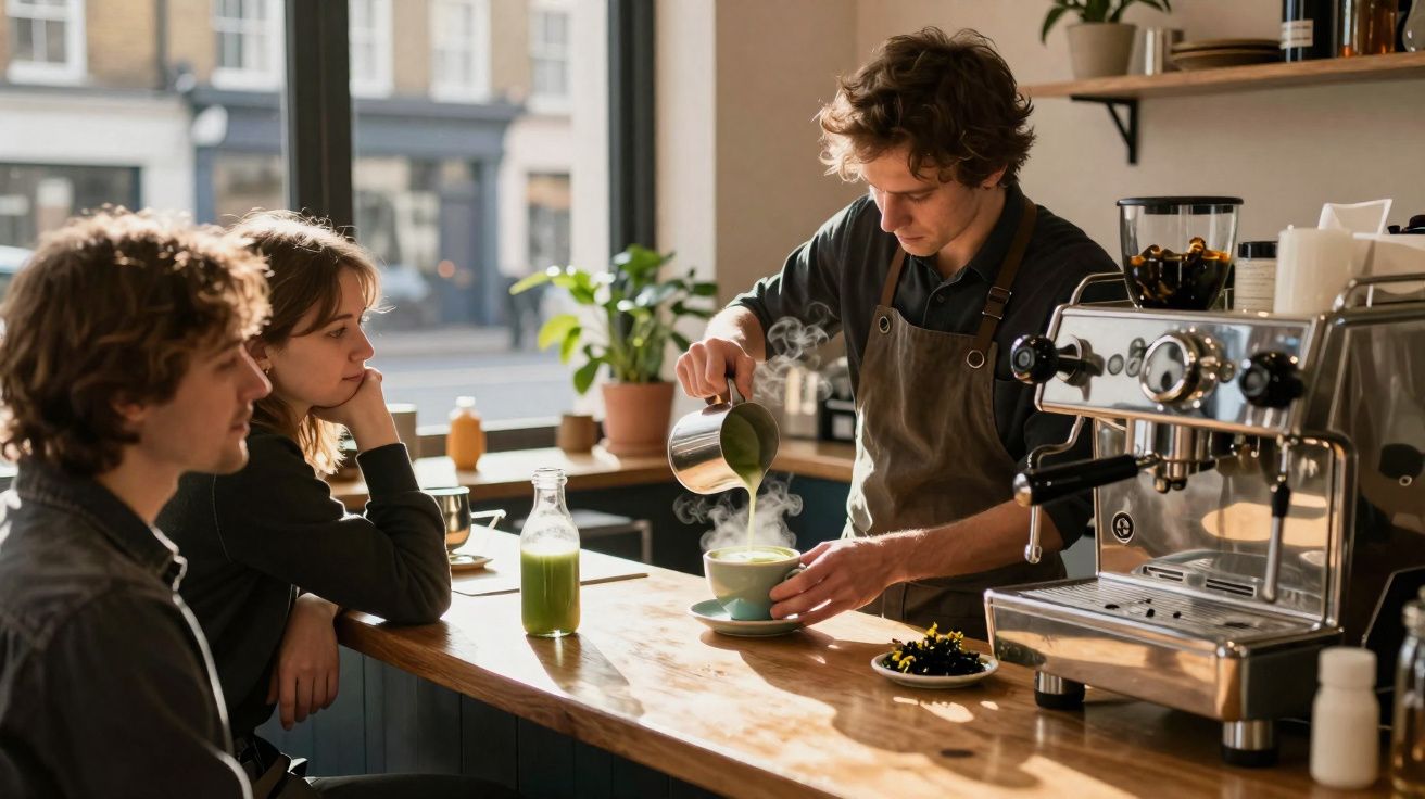 Barista serve bebida quente verde para casal sentado no balcão de cafeteria iluminada pela luz natural.
