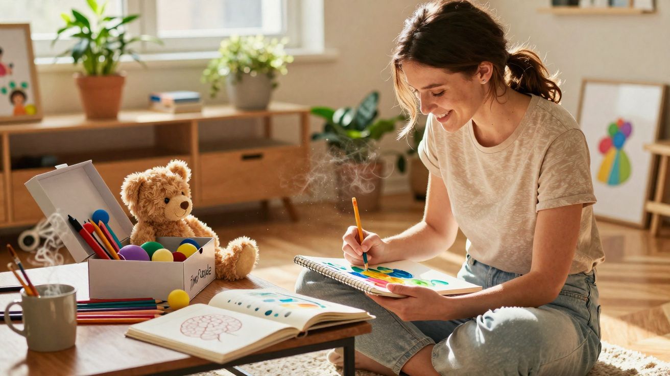 Mulher sorridente pintando desenho sentada no chão de sala iluminada, perto de ursinho de pelúcia e material artístico.