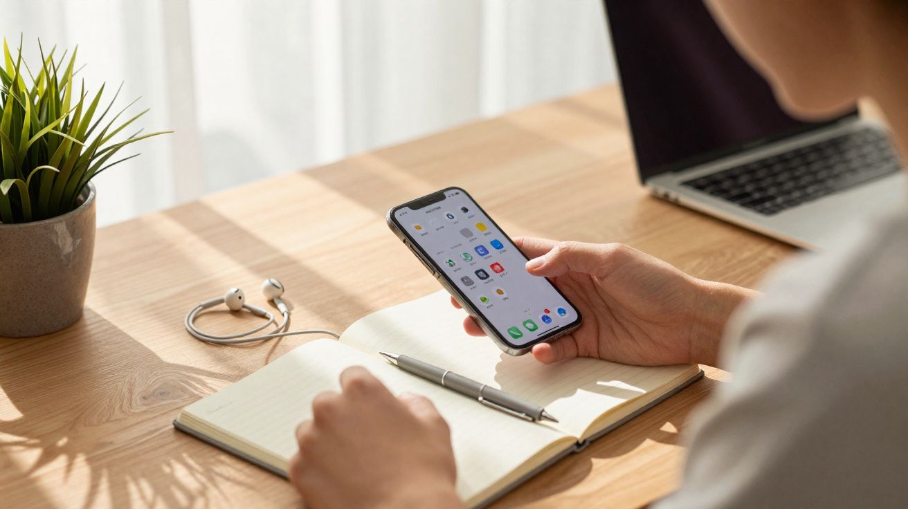 Pessoa usando smartphone com aplicativos abertos, caderno, caneta, fones e laptop sobre mesa de madeira.