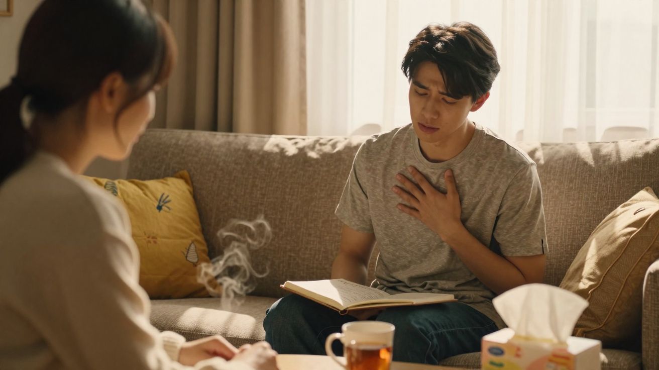 Homem sentado no sofá com expressão de dor no peito, mulher à frente em ambiente iluminado.