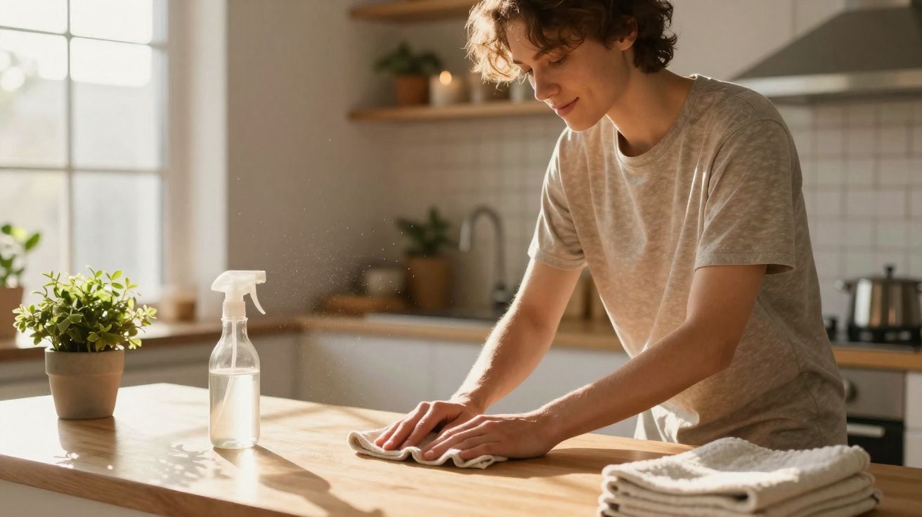 Pessoa jovem limpando a bancada de madeira da cozinha com pano e borrifador ao lado.