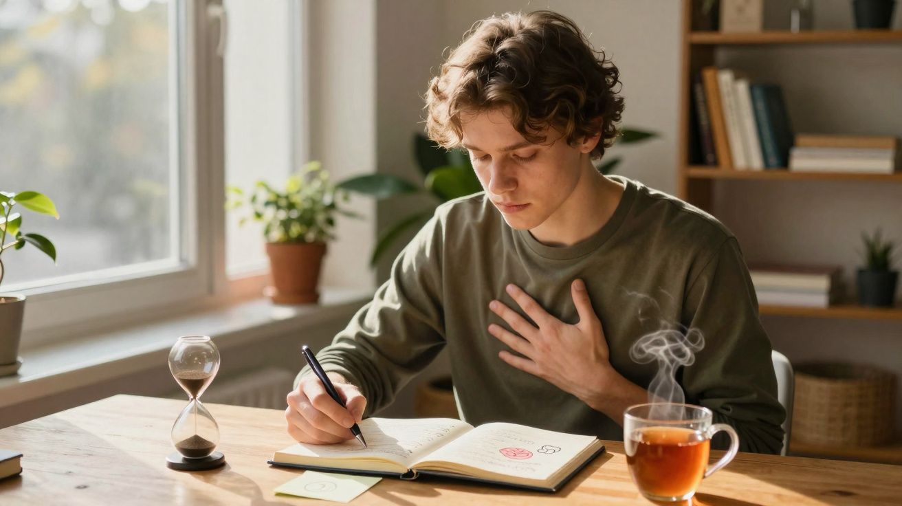 Jovem sentado à mesa, escrevendo em caderno, com chá quente e ampulheta ao lado, em ambiente iluminado.